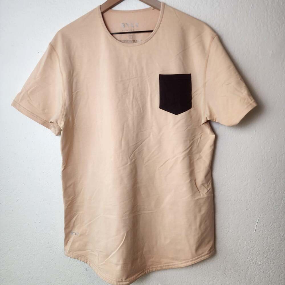 BYLT Shirt Mens Large Beige Drop Cut Lux Pocket Crewneck Soft Stretch Tee Casual